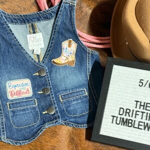 Upcycled Blue Denim Vest with Western Themed Patches